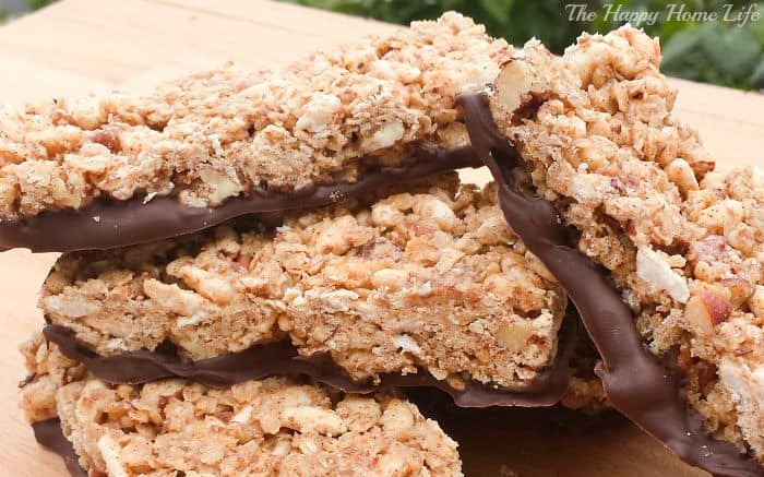 Chocolate dipped granola bars make a wonderful after-school snack.