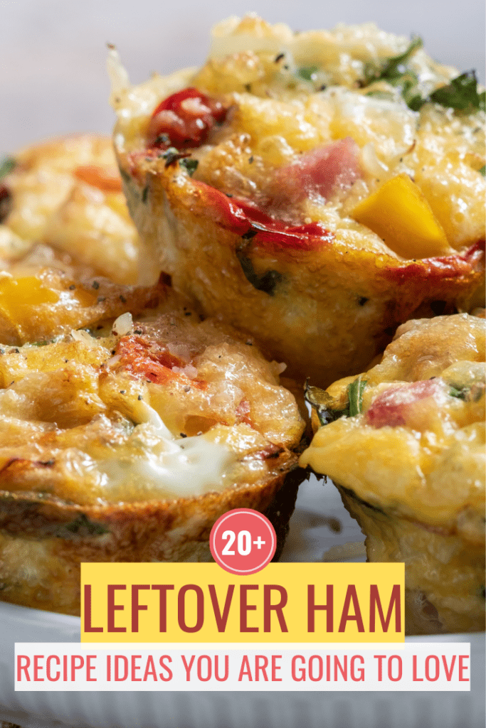 Egg muffins with ham, cheese and veggies with text 20+ leftover ham recipe ideas.