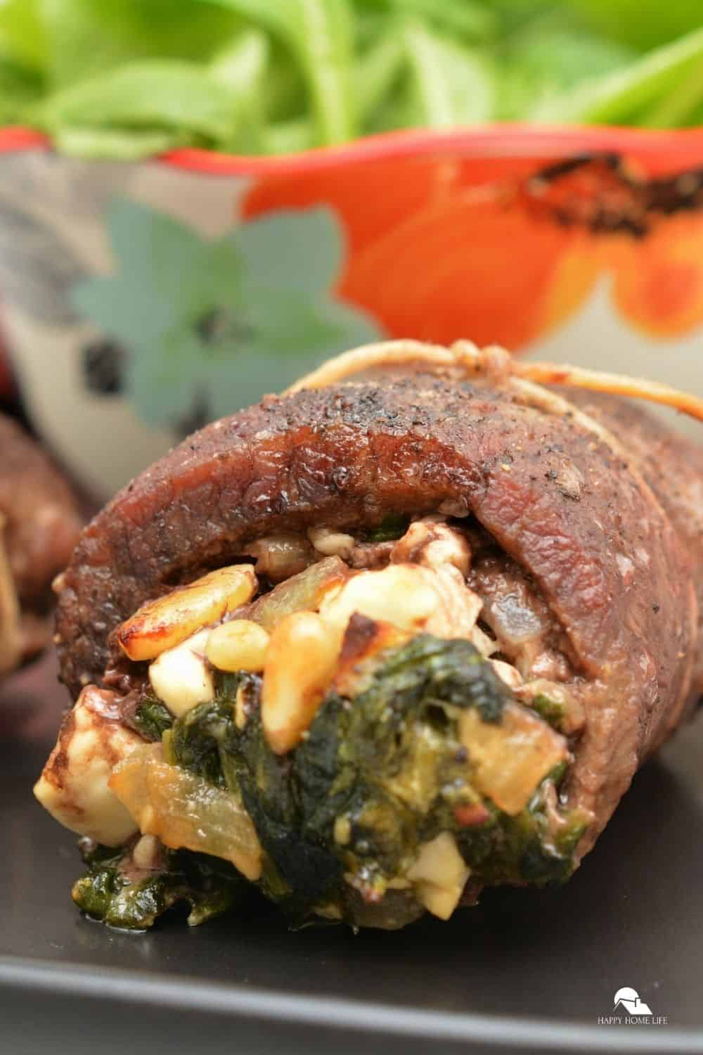 Keto Recipe Stuffed Flank Steak with Baby Spinach