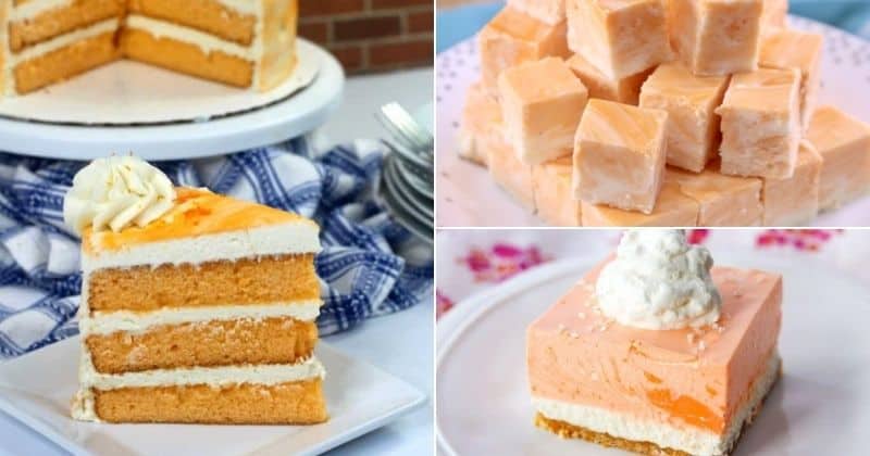 collage of creamsicle desserts, including creamsicle cake, creamsicle fudge, and creamsicle dream bars
