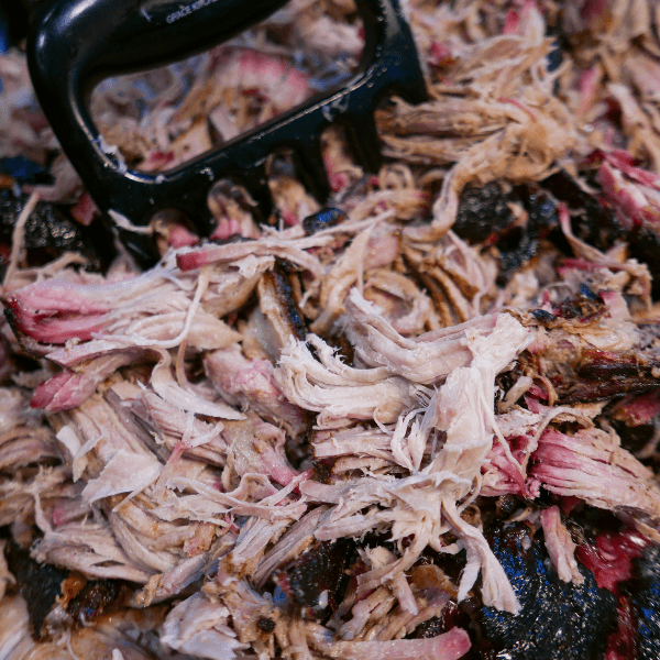 Pulled smoked pork shoulder.