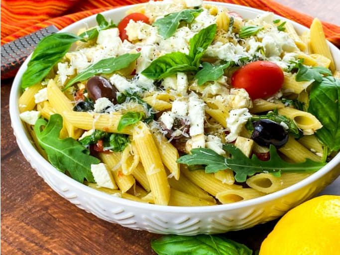 horizontal picture of the mediterranean style pasta salad