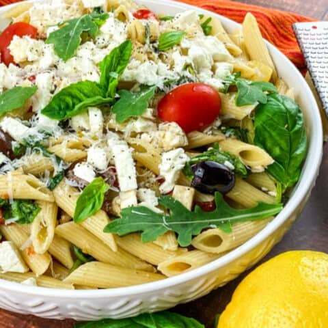 mediterranean pasta salad with arugula square image
