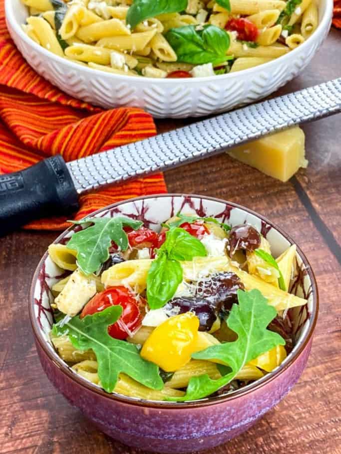 mediterranean pasta salad in bowl