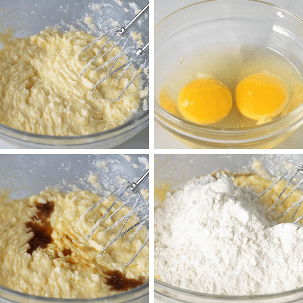 Collage of photos showing steps to make cake batter