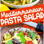 long pin collage for mediterranean pasta salad
