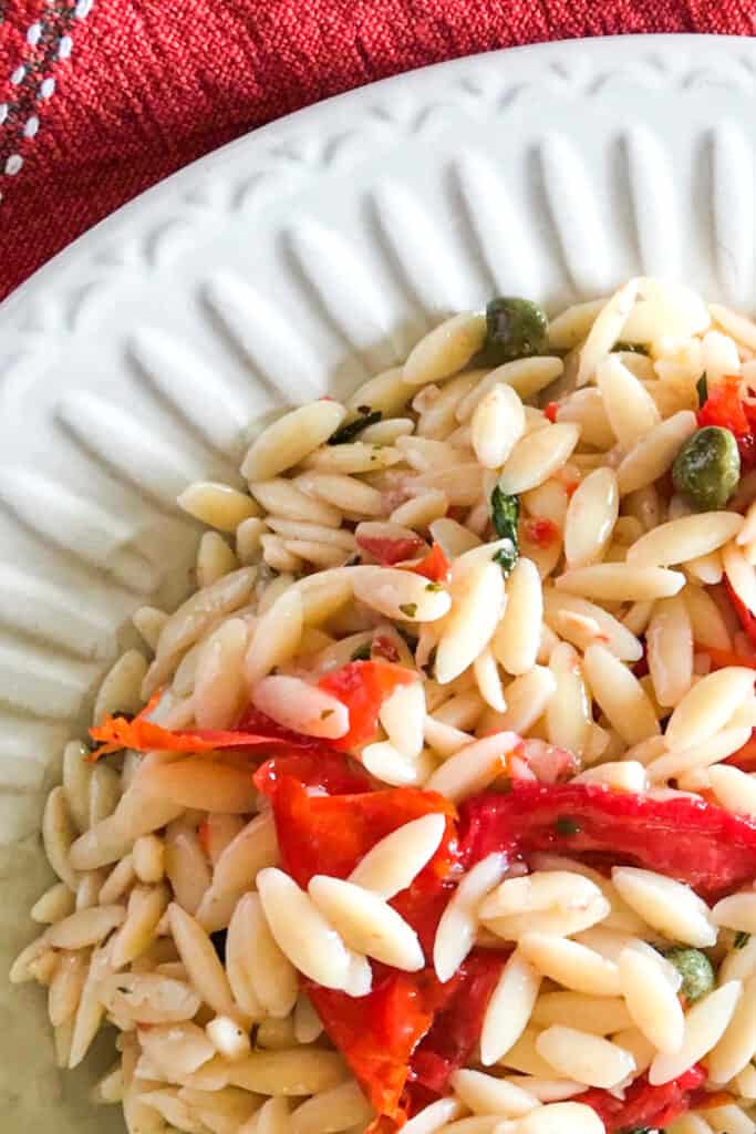 vegan orzo salad on a plate