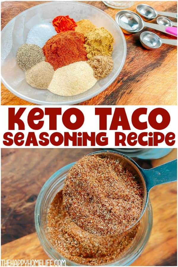 ingredients for low carb taco seasoning on top and the mixed seasoning on the bottom
