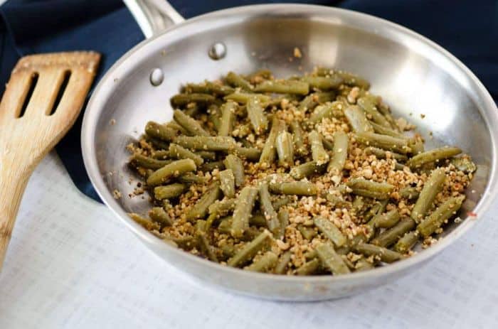 crusted green beans seared in a pan