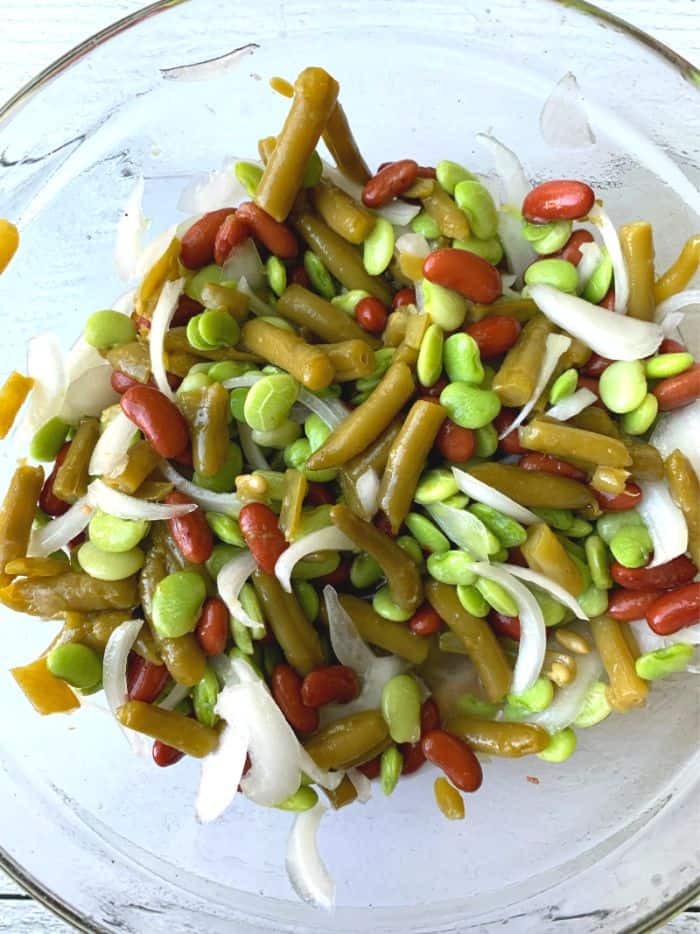 three bean salad with green beans, lima beans, and kidney beans