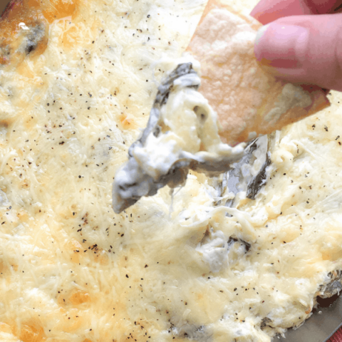 Warm Spinach Artichoke Dip with Toasted Corn Tortilla Chips