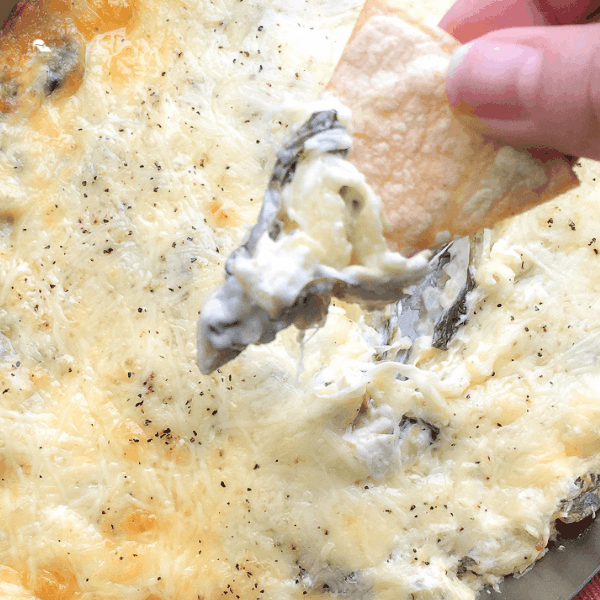 The Perfect Warm Spinach Artichoke Dip with Toasted Corn Tortilla Chips