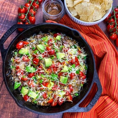 beef taco skillet in cast iron pan