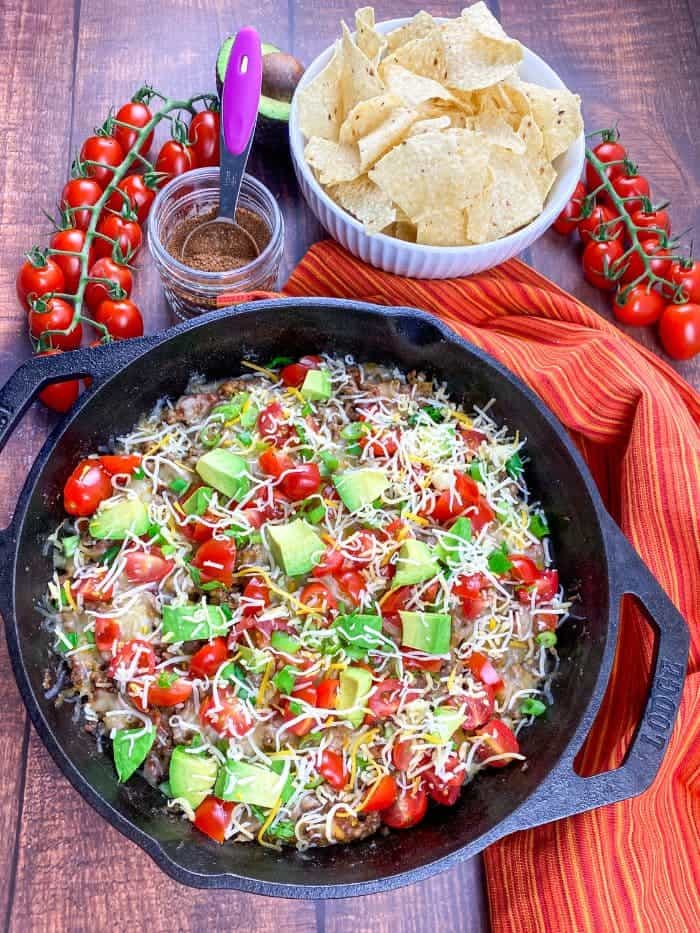 beef taco skillet served with tortilla chips on the side