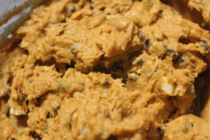 chocolate chips added to pumpkin blondies batter