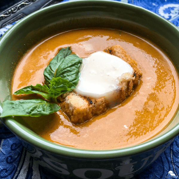 Roasted Yellow Tomato Soup with Grilled Cheese Croutons