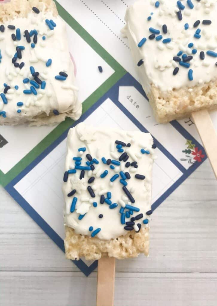 Rice Krispie Treats with blue and white sprinkles