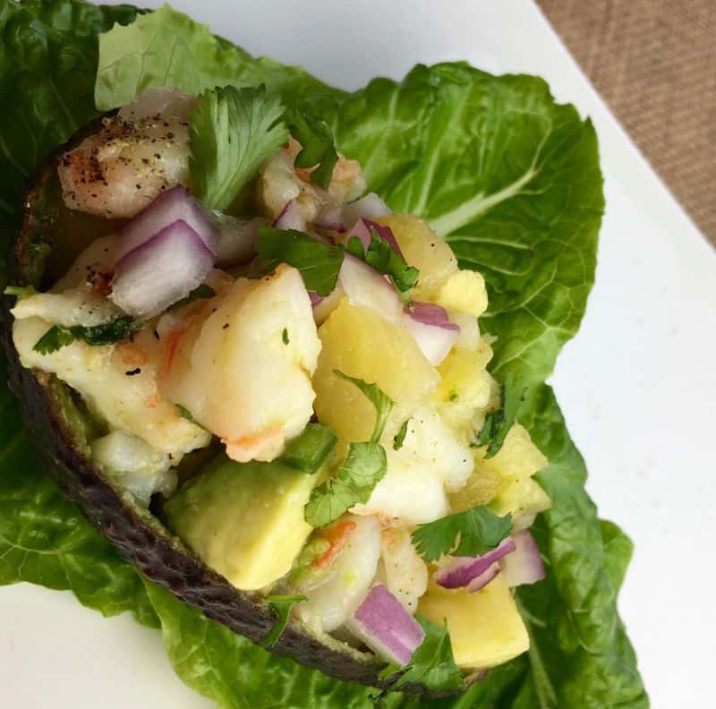 diagonal view of the stuffed avocado