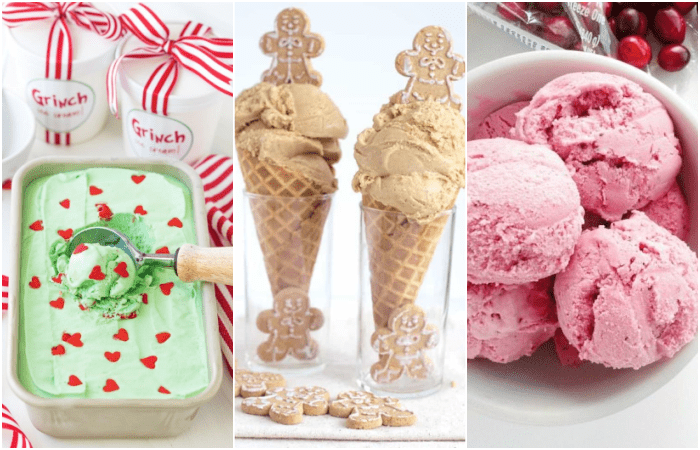 collage of grinch ice cream, gingerbread ice cream, and cranberry ice cream