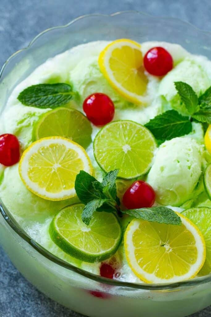 lime sherbet punch in a clear bowl