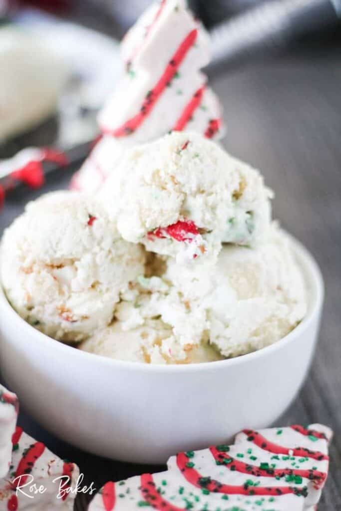 Little Debbie Christmas tree cake ice cream in a white bowl