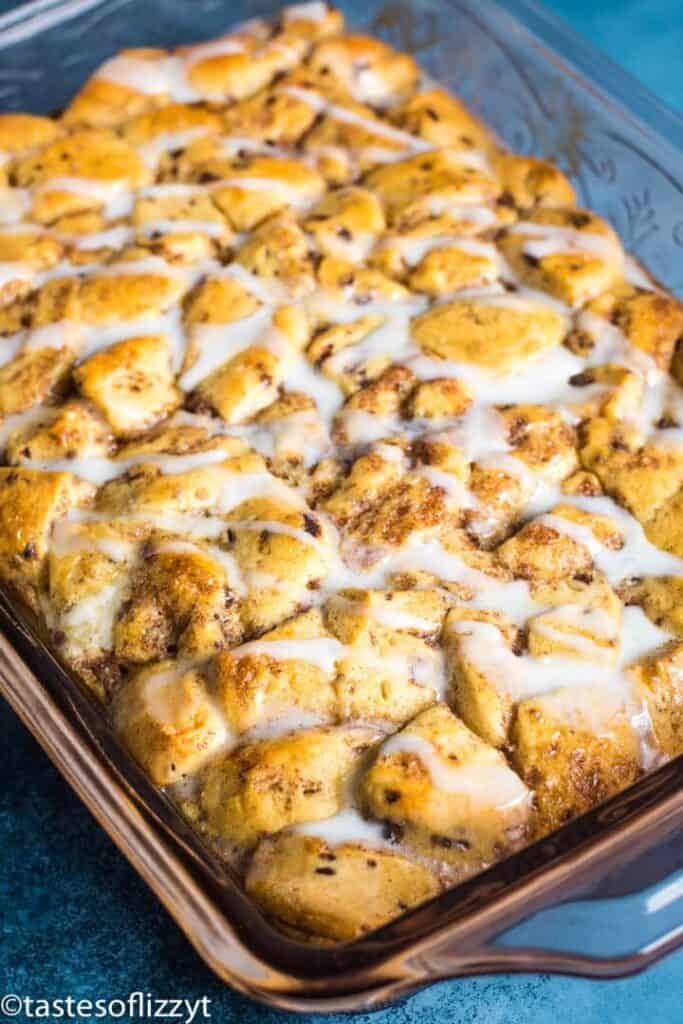 cinnamon roll casserole in baking pan