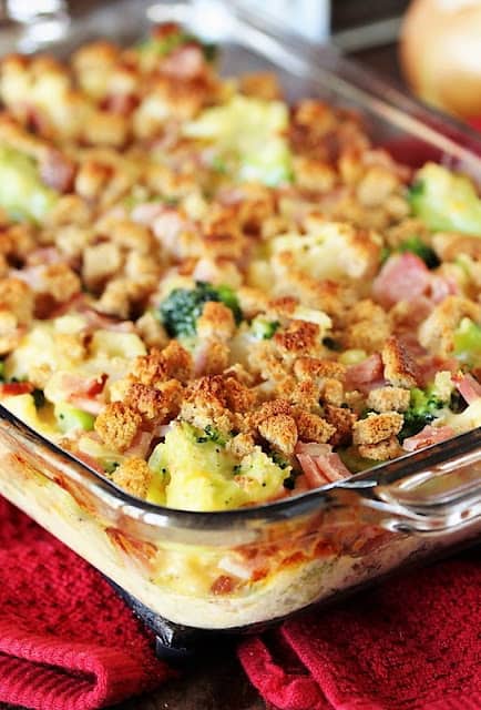 ham, broccoli, and cauliflower casserole in clear baking dish