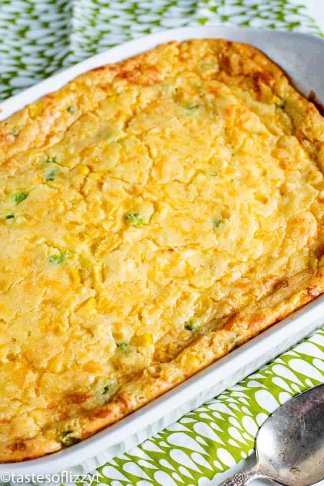 jalapeno cheddar corn casserole in white baking dish