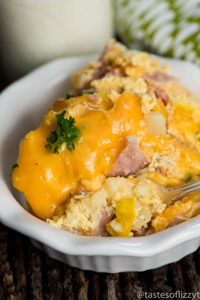 slow cooker breafkast casserole in small white bowl