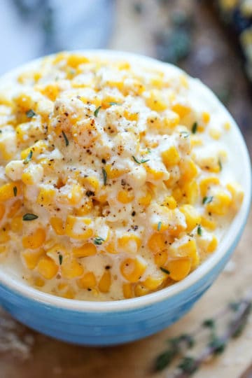 slow cooker creamed corn in blue bowl