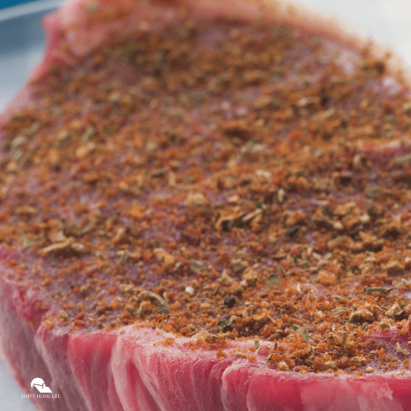 Sirloin steak with spice rub on top.
