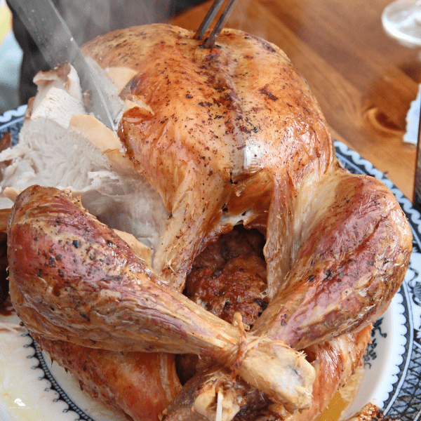 A close-up of a carved turkey