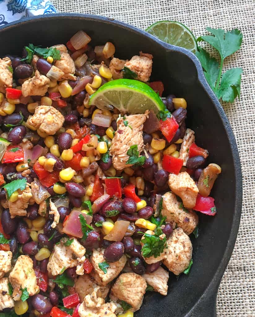 chicken and black bean burrito skillet served in a skillet