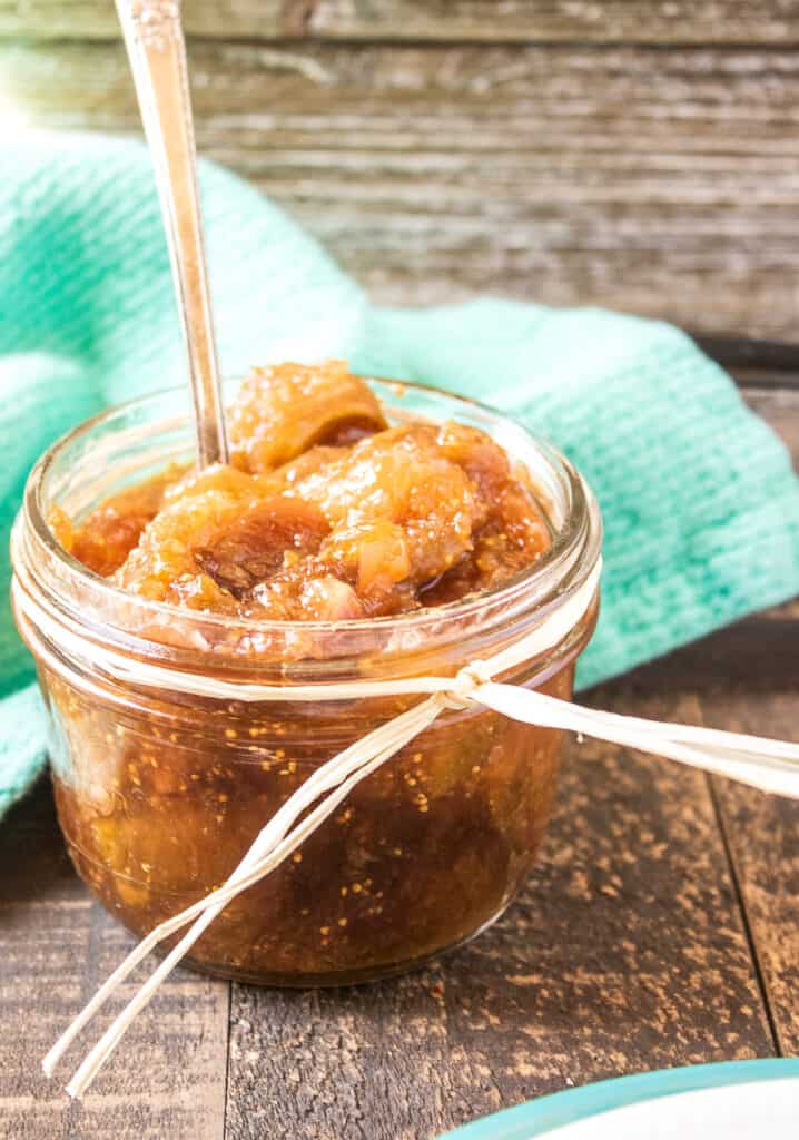 Homemade Vanilla Fig Jam served in a glass jar.