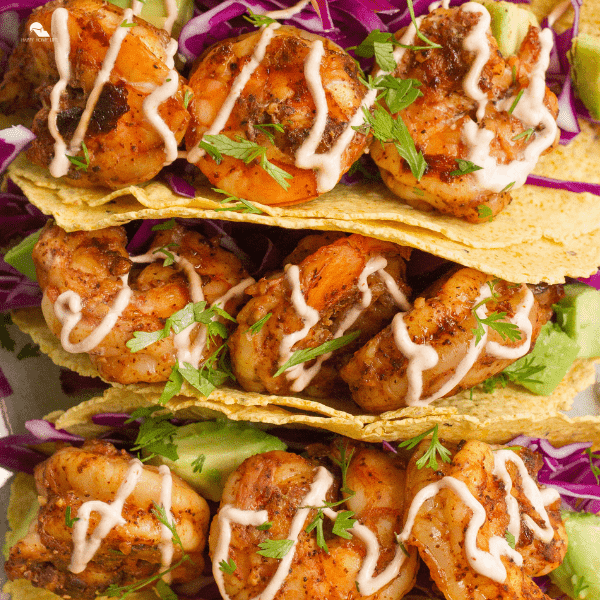 Gourmet shrimp tacos, plated and ready to eat.