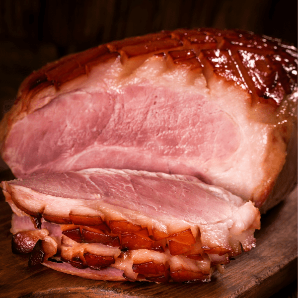 Close up of homemade glazed ham.