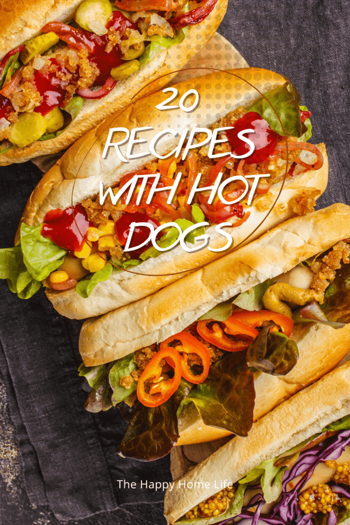 Plated hot dogs with overlay text that says 20 recipes with hot dogs