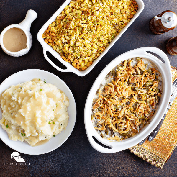traditional side dishes -mashed potatoes, green beans and stuffing