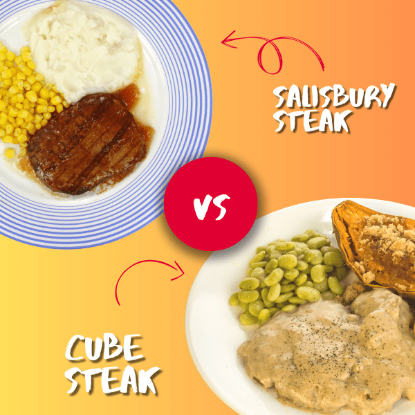 A plate of salisbury steak dinner and a plate with cube steak dinner.