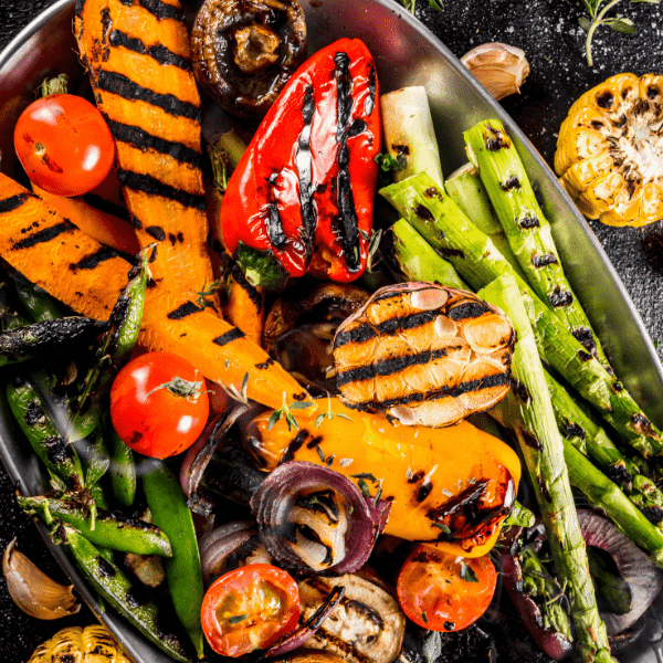 close up of grilled veggies.