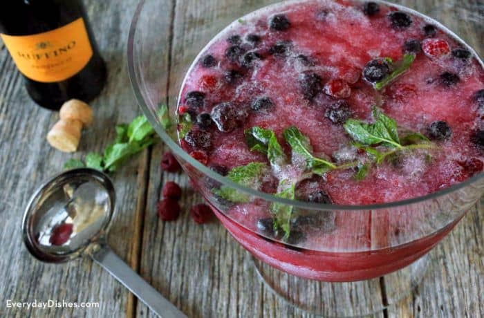 bowl of raspberry prosecco punch