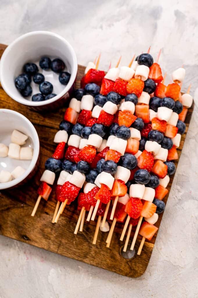 fruit skewers with strawberries, blueberries, and marshmallows