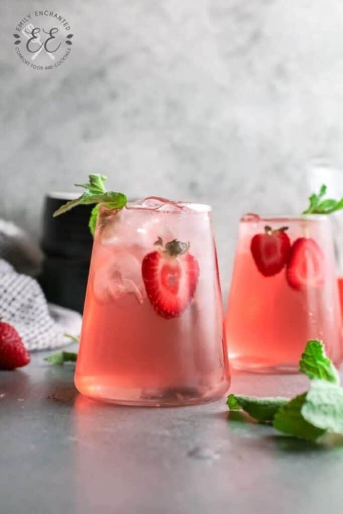 strawberry basil gin rickey in two glasses