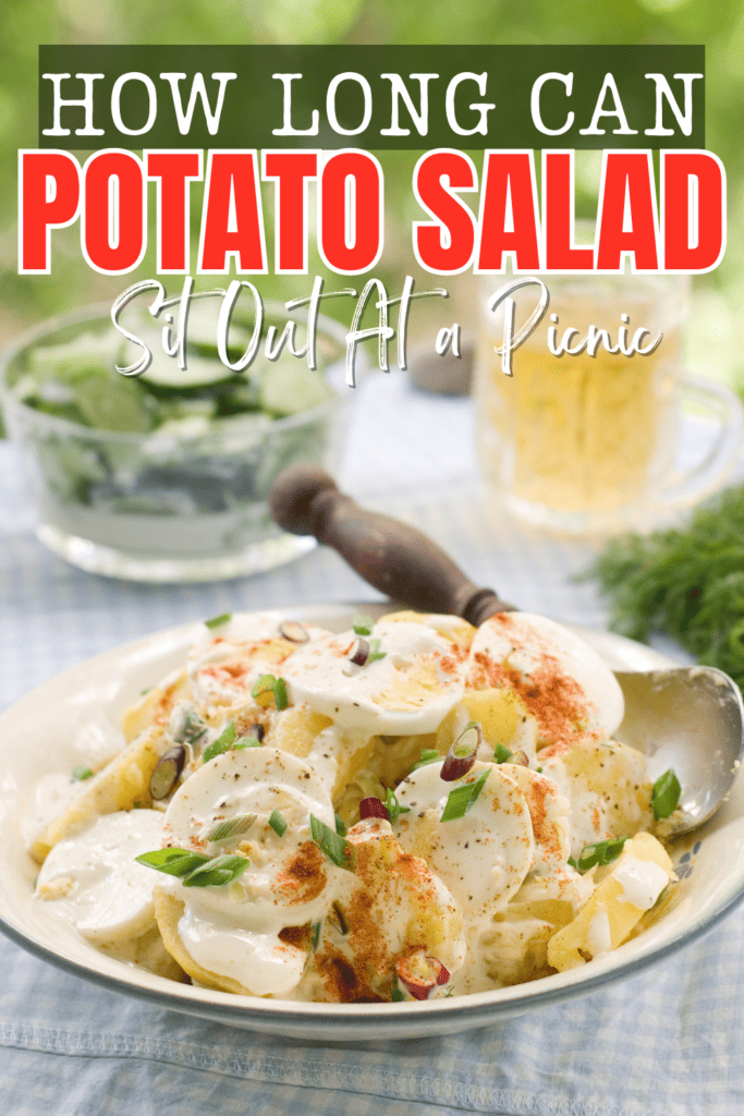 Potato salad plated in a picnic. with text How Long Can Potato Salad Sit Out At A Picnic