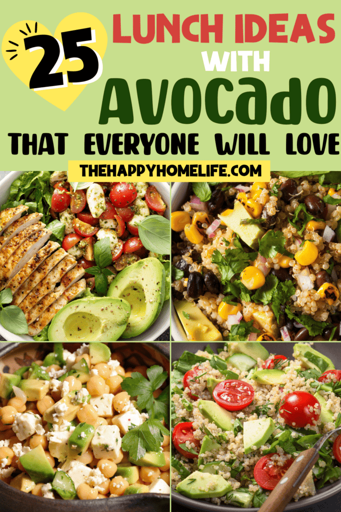 A collage of avocado lunch recipes with text "Lunch Ideas with Avocado" on top