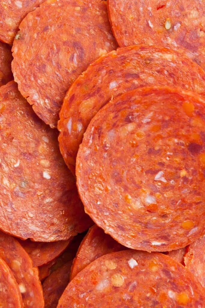 close up of pepperoni slices