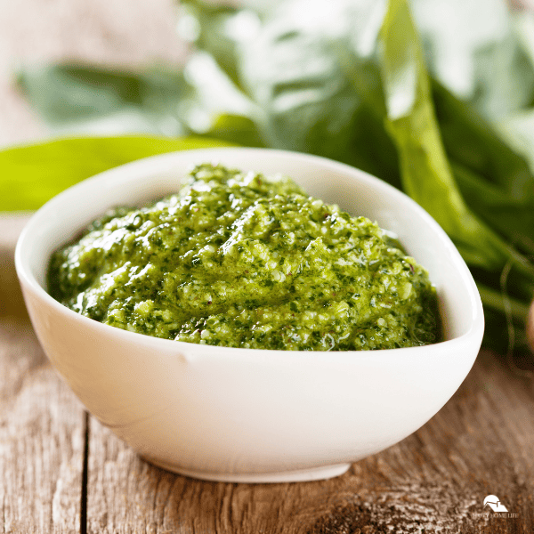 A close-up shot of pesto inside a white bowl. Blurres basil leaves are in the background.