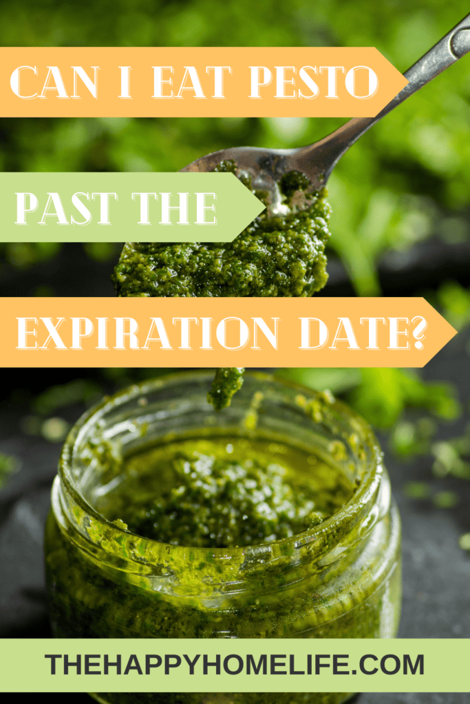 A pinterest image of a spoonful of pesto over a jar of pesto, with the text - Can I Eat Pesto Past the Expiration Date?. The site's link is also included in the image.