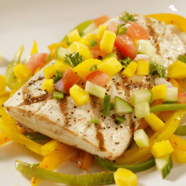 An image of a grilled mahi-mahi with mango salsa.