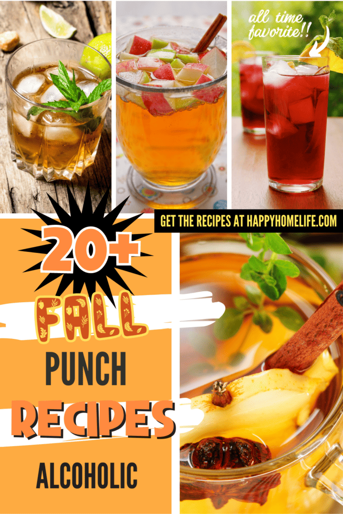 A pinterest image of different fall punch drinks with the text - 20+ Fall Punch Recipes Alcoholic. The site's link is also included in the background.